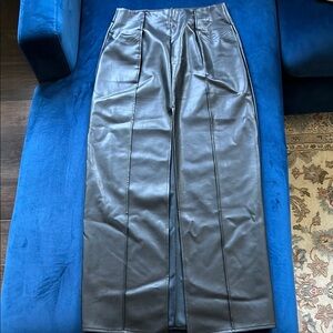 Commense Black Faux Leather Maxi Pencil Skirt with High Front Slit